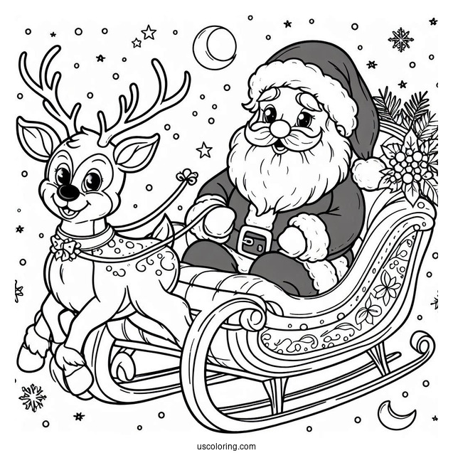 Santa In His Sleigh With Rudolph To Color