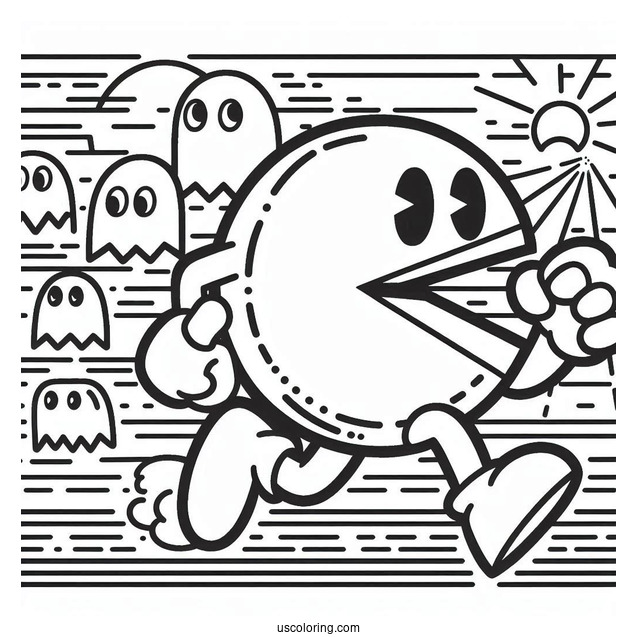Detailed Pac-Man Coloring Page Running With Ghost Icons In Background Poster