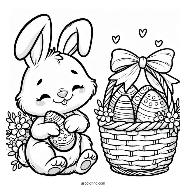 Cartoon Rabbit Coloring Page Hugging A Basket Of Easter Eggs