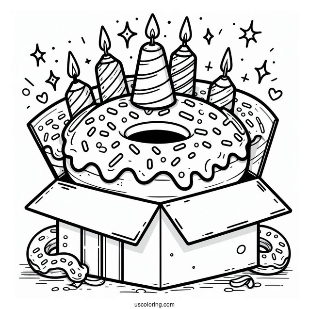Birthday Donut Coloring Page Popping Out Of A Box