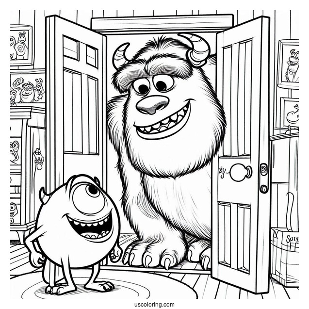 Pixar Coloring Page of Sully And Mike In Front Of Door Mosnter s Inc