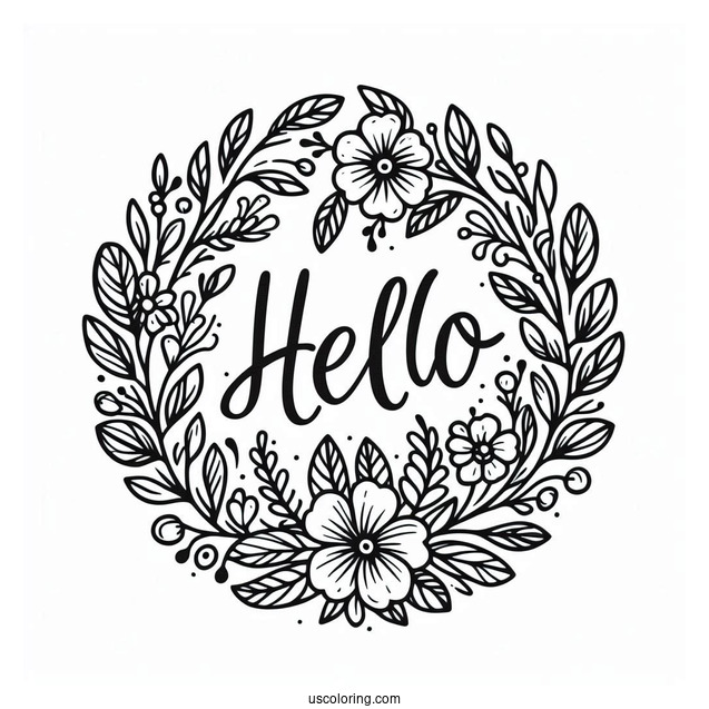Calligraphy Hello Spring Coloring Page With Flower Wreath