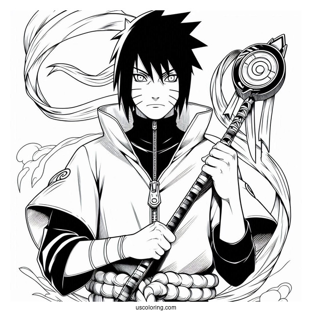 Naruto Coloring Page of Uchiha Sasuke Holding The Kusanagi