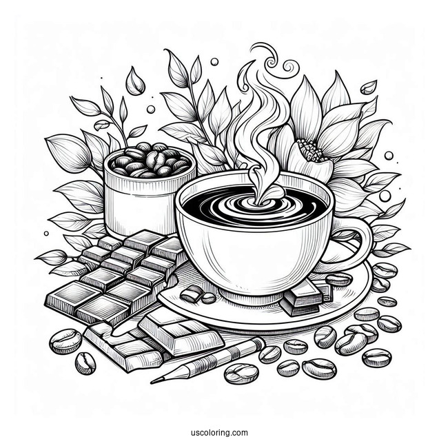 Steaming Coffee Coloring Pages Of Art With Pieces Of Chocolate