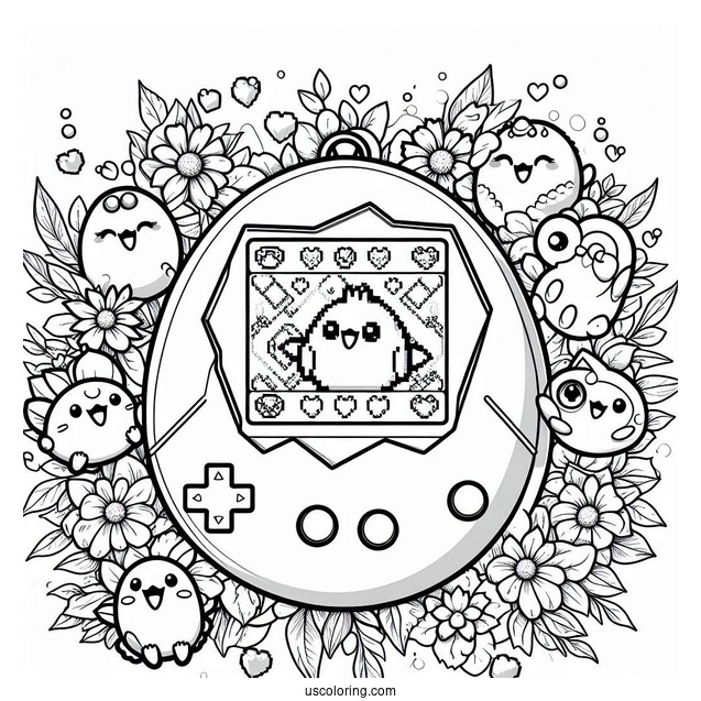 Realistic Tamagotchi Coloring Page Console With Pixelized Pets On The Screen