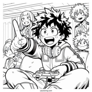 Full Page My Hero Academia Deku Coloring Page Playing Video Game With Friends