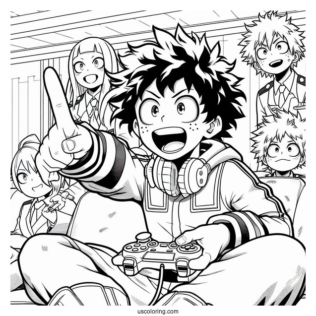 Full Page My Hero Academia Deku Coloring Page Playing Video Game With Friends
