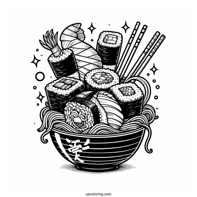 Sushi Coloring Pages Nigiri, Maki, Uramaki, Inaru, And Temari Sushi Bursting From A Ramen