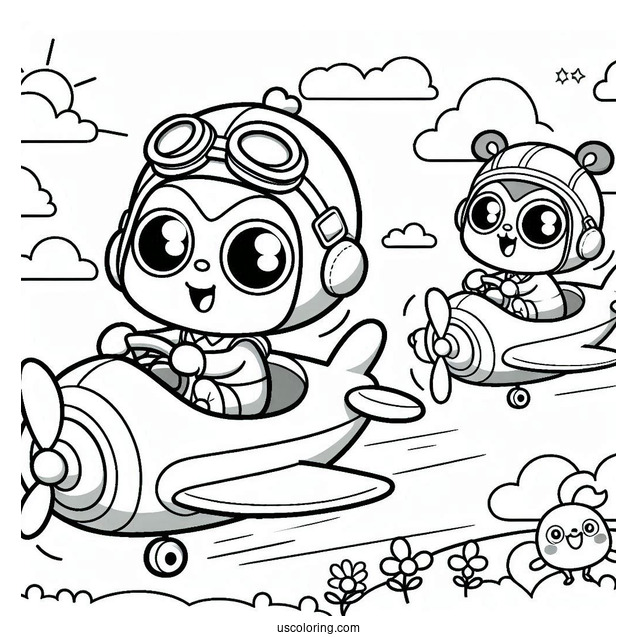 Pororo Coloring Page Of Friends Riding Flying Vehicles