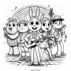 Sing Coloring Page Of Gunter, Rosita, Buster Moon, Johnny, Ash, And Meena In Sing Poster