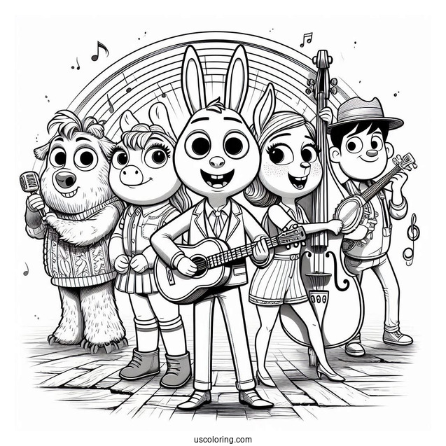 Sing Coloring Page Of Gunter, Rosita, Buster Moon, Johnny, Ash, And Meena In Sing Poster