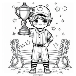 Young Baseball Coloring Page Of Champion Holding Trophy For Kids
