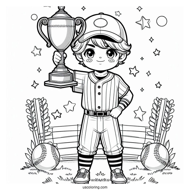 Young Baseball Coloring Page Of Champion Holding Trophy For Kids