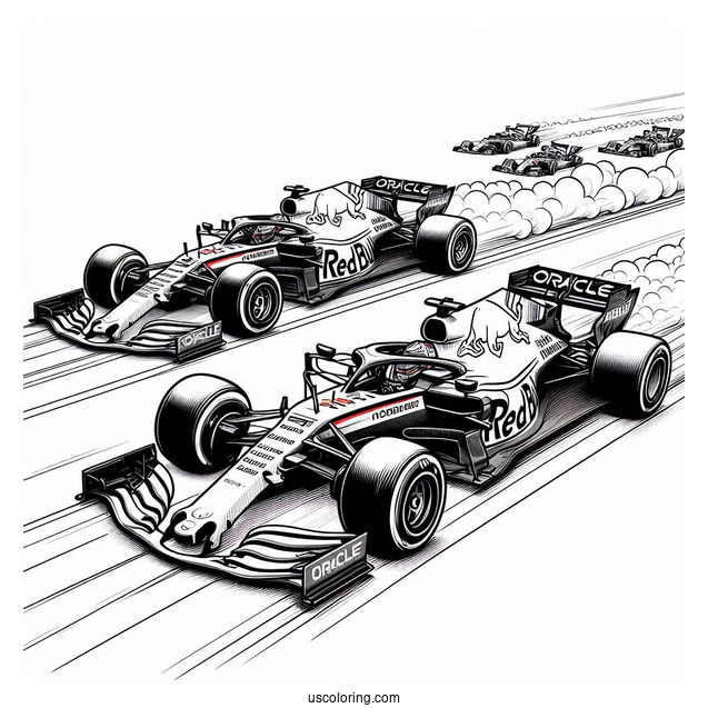 F1 Coloring Page Of Realistic Oracle Red Bull Racers With Contrails In The Air