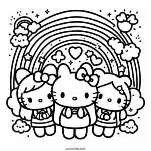 Sanrio Coloring Pages Of Friends In Front Of Rainbow