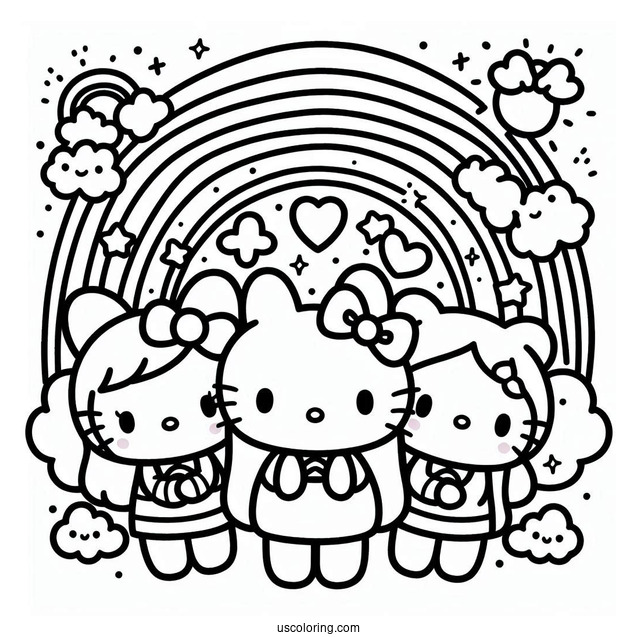 Sanrio Coloring Pages Of Friends In Front Of Rainbow