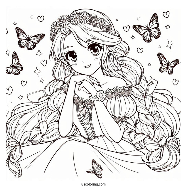 Princess Coloring Page Of Anime Rapunzel With Butterflies