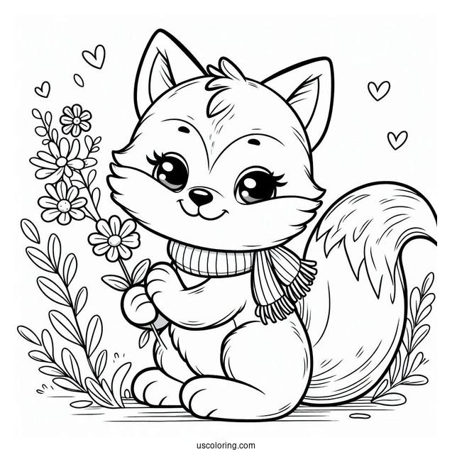 Fox Holding A Flower Plot Coloring Sheet