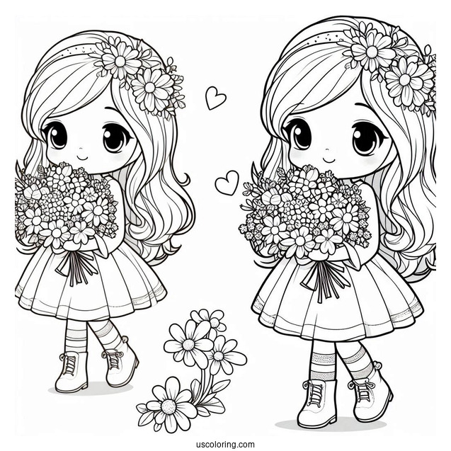 Pretty Little Girl Holding A Flower Bouquet In Spring Coloring Page For Kids
