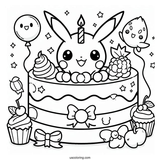 Kawaii Pokemon Birthday Cake Coloring Page
