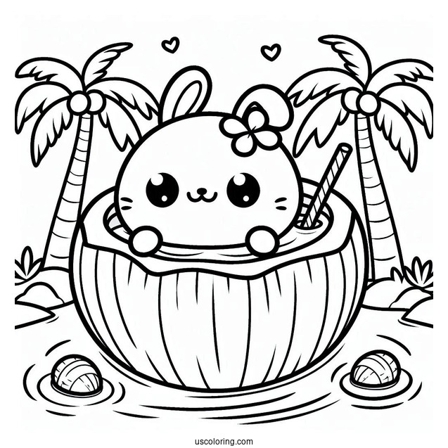 Kawaii Animals Swimming In A Coconut Coloring Page Drink