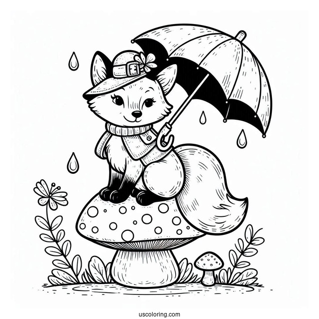 Fox Coloring Page In A Raincoat With Umbrella Standing On A Mushroom