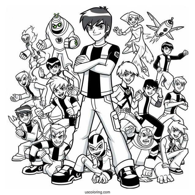 Ben 10 Coloring Page Of Ben Tennyson With All Ten Aliens