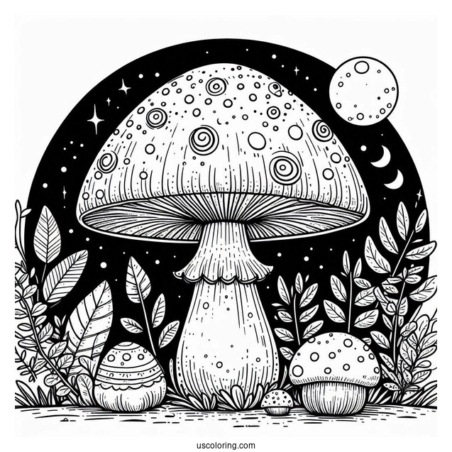 Large Mushroom Coloring Page With Other Plants Under The Night Sky
