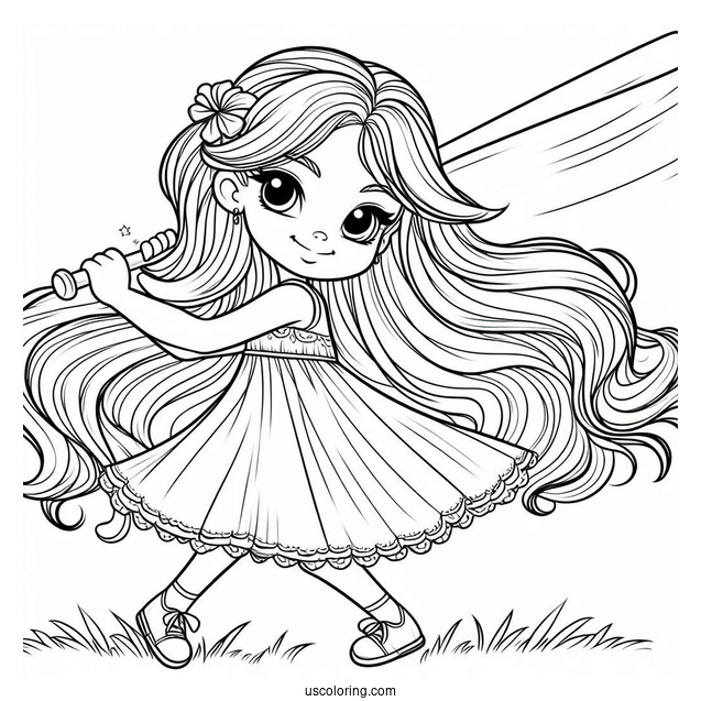 Girl With Long Hair Swinging Baseball Coloring Page Bat For Preschoolers