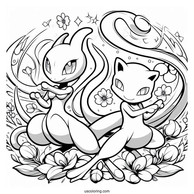 Mewtwo and Mew Miraculous Duo Coloring Page