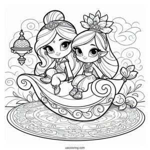 Shimmer And Shine Coloring Page Nahal, And Nazboo On A Magic Carpet With Zeta In The Background