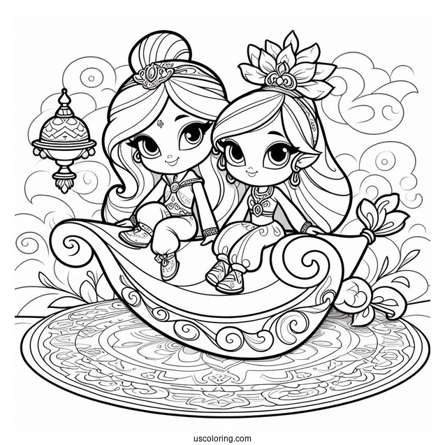Shimmer And Shine Coloring Page Nahal, And Nazboo On A Magic Carpet With Zeta In The Background