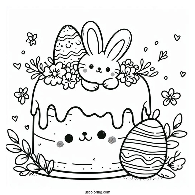 Coloring Page Of Easter Cake With Bunny And Egg Topper