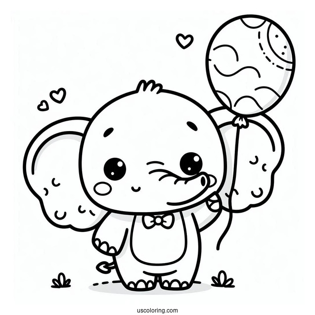 Kawaii Elephant Holding Balloon Coloring For Preschoolers