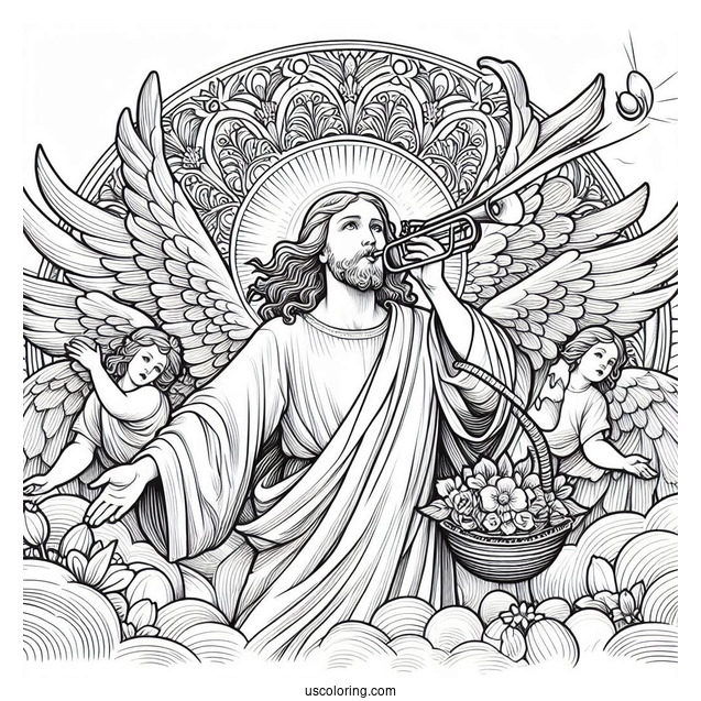 Holy Jesus With Angels Blowing Trumpets On Easter Coloring Page