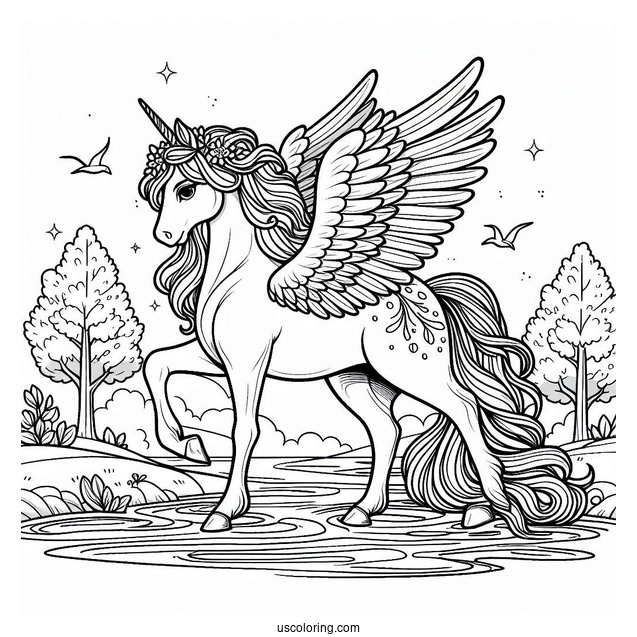 Beautiful Pegasus Coloring Page Standing By The River