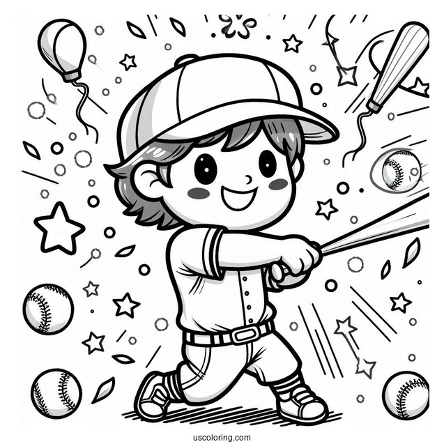Kid Hitting Baseball Coloring Page with Confetti Celebration