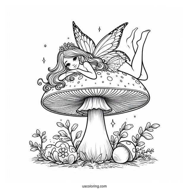 Beautiful Fairy Lounging On Top Of A Mushroom Coloring Page