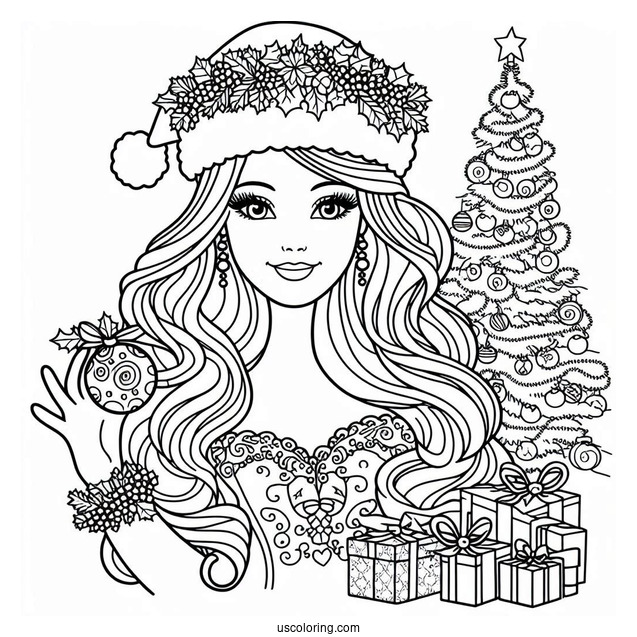 Christmas Themed Barbie Coloring Page