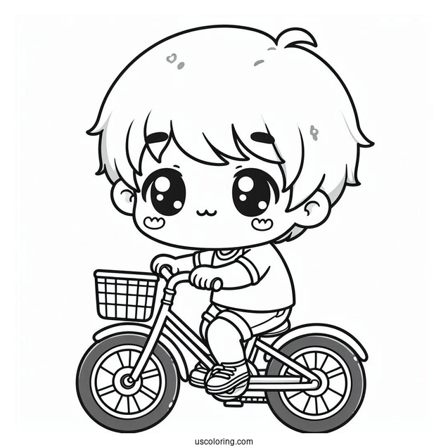 Kawaii Little Boy Riding Bicycle Coloring Page With Training Wheels For Preschoolers
