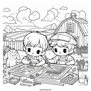 Two Children Working On Farm To Color