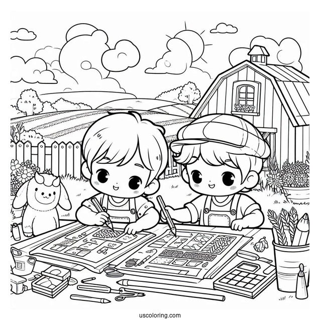 Two Children Working On Farm To Color