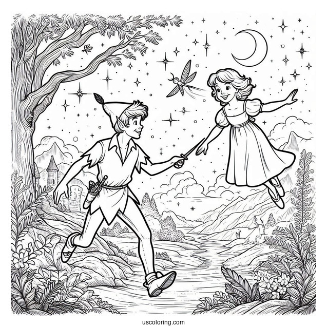 Peter Pan Taking Wendy To Neverland Coloring Sheet