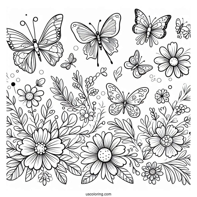 Cartoon Spring Coloring Page Butterflies And Flowers