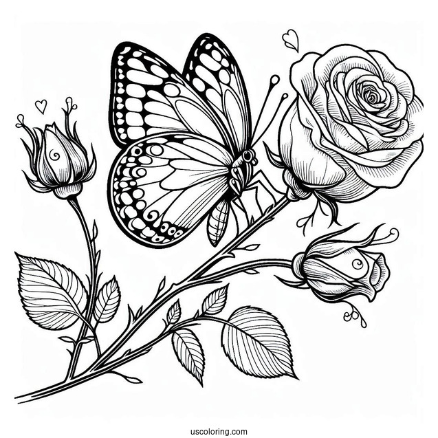 Butterfly Resting On Rose Stem