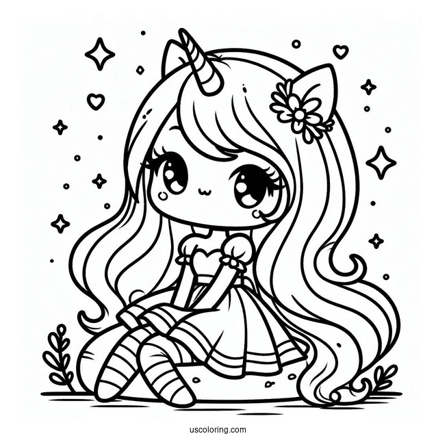 Easy Kawaii Unicorn Sitting Coloring Page For Kids