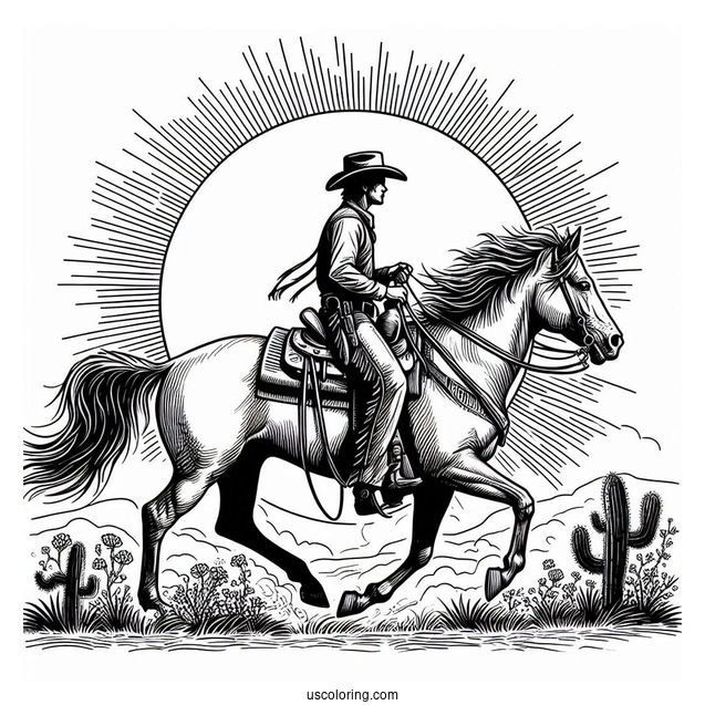 Realistic Cowboy Coloring Page Riding A Horse With The Sun Behind Them