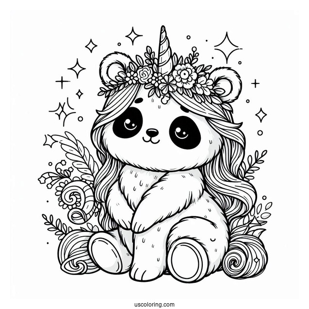 Magical Panda Coloring Page Unicorn with Fluffy Mane