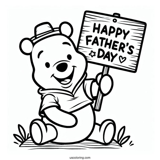 Smiling Winnie The Pooh With A Happy Father's Day Sign Coloring Page For Kids