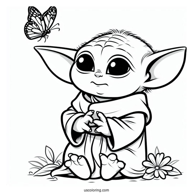 Loveable Baby Yoda Looking At Butterfly